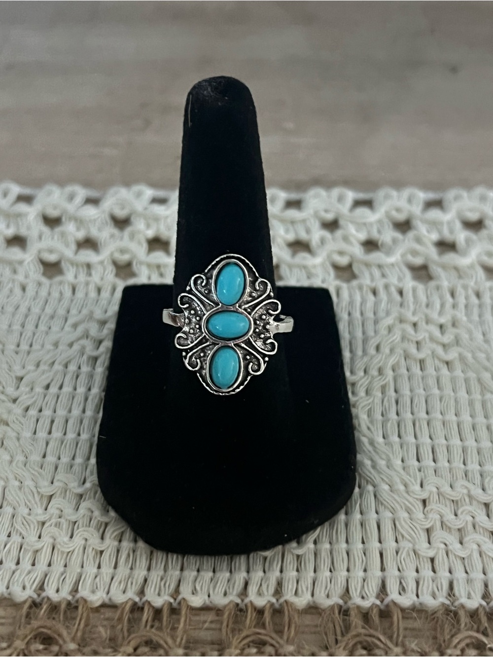 Turquoise Triple-Stone Silver Ring - Women Jewelry size 7 30p3